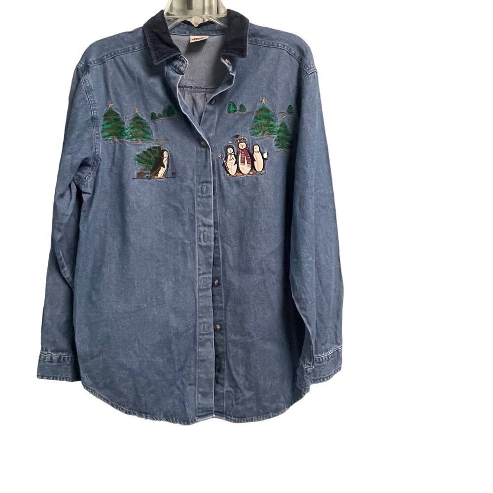 Vintage Penguin Holiday Denim Button Up Sz Shirt Medium Jean Christmas